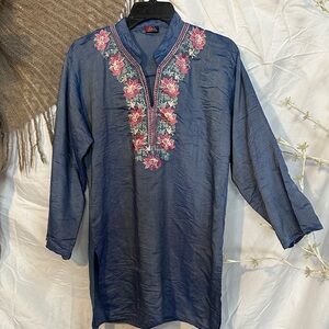 Navy Blue Embroidered Kurta Shirt - Pink Floral Detail